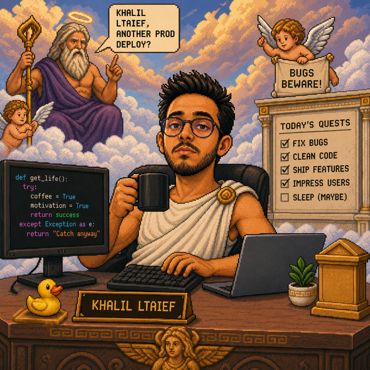 Pixel art of Khalil at a desk in a Greek temple, coffee in hand, a monitor of Python beside him and a quest list on the wall.